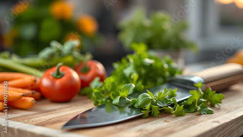 Chef Knife Slicing Fresh Organic Vegetables, Wooden Cutting Board Close-up. Healthy Culinary Preparation, Cooking Ingredients.