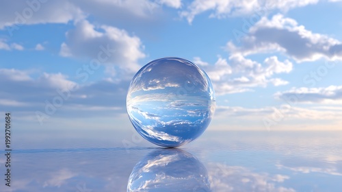 A crystal ball sitting on a reflective surface with a blue sky and clouds