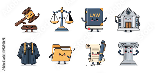 Legal icons set justice law court and symbols