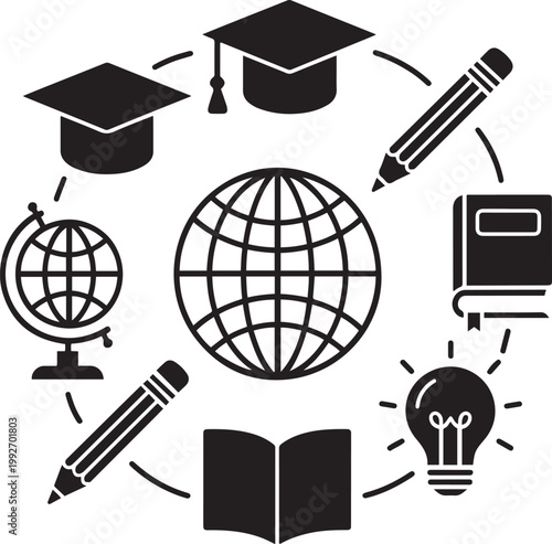Global Education Icon Set with Graduation Caps and Learning Symbols