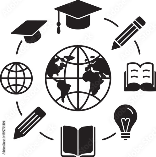 Global Education Icon Set with Graduation Caps and Learning Symbols