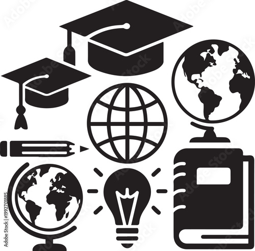 Global Education Icon Set with Graduation Caps and Learning Symbols