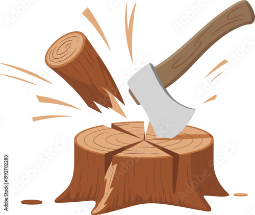 Axe chopping wood log, cartoon illustration of timber cutting and forestry work