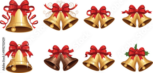 Christmas bells vector set with golden jingle bells red ribbons festive holiday decoration illustration collection isolated