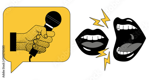 Hand holding microphone in speech bubble and open mouths with lightning bolts