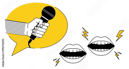 Hand holding microphone in speech bubble near open mouths with sound waves