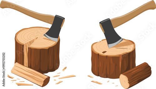 Axe chopping wood logs set, timber cutting illustration for forestry and carpentry