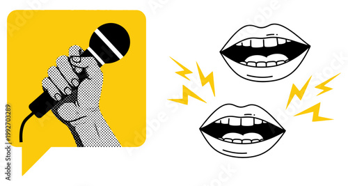 Hand holding microphone in speech bubble with open mouths and sound waves