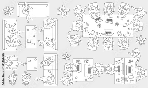 Handwritten top view business people architectural entourage