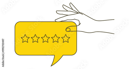 Hand holding speech bubble with five star rating during customer feedback session