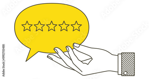 Hand holding star rating feedback bubble for customer service evaluation