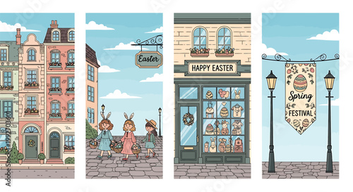Charming european street scene with traditional architecture festive easter decorations and joyful children celebrating