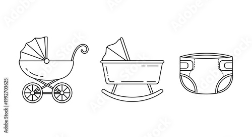 Baby Essentials: Stroller, Bassinet, and Diaper Line Art Icons