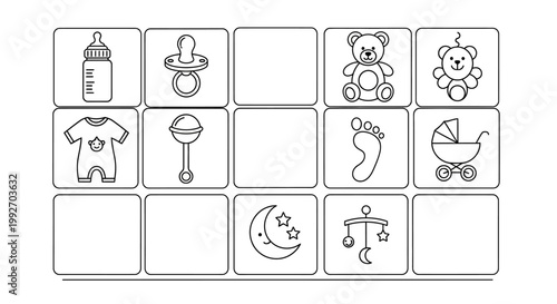 Baby Icons Collection: Bottle, Pacifier, Clothes, Rattle, Footprint, Stroller, Moon, Mobile