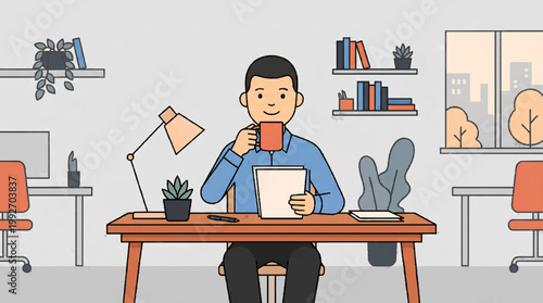 bussinessman sip a cup of coffee while working