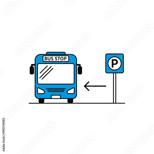 Blue bus at bus stop with parking sign and direction arrow