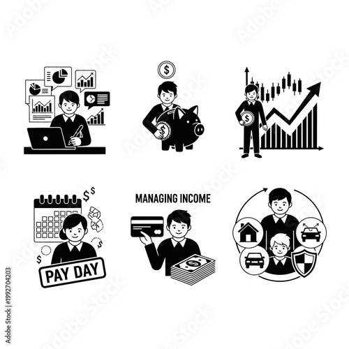 Business finance icons: finance, income, savings, investment, insurance, payday