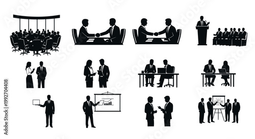 Business Meeting Silhouettes: Handshake, Presentation, Discussion, Agreement