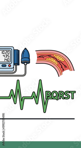 Cardiology concept: ECG, blood pressure, and atherosclerosis in artery