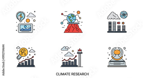 Climate Research Icons: Global Warming, Data Analysis, Environmental Science Concepts