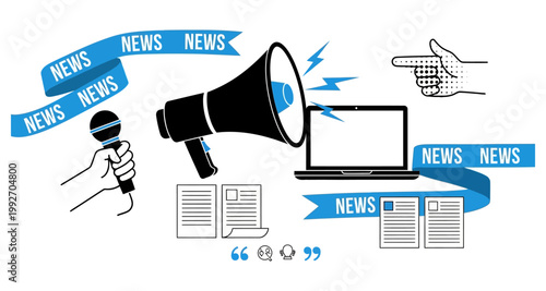 Megaphone with microphone and laptop broadcasting news information during media event