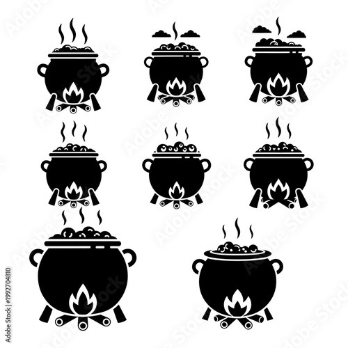 Collection of Black Cauldron Icons with Bubbling Brew and Fire
