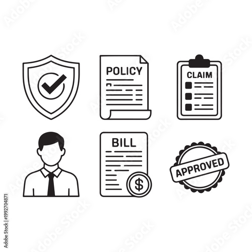 Insurance and financial services icon set, 6 black line vector elements for policy claim and billing, professional business document symbols