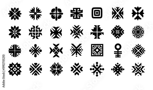 Minimal folk art symbol icon set primitive tribal shapes vector isolated on white background