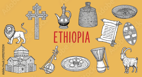 Ethiopian culture and tradition icons set.
