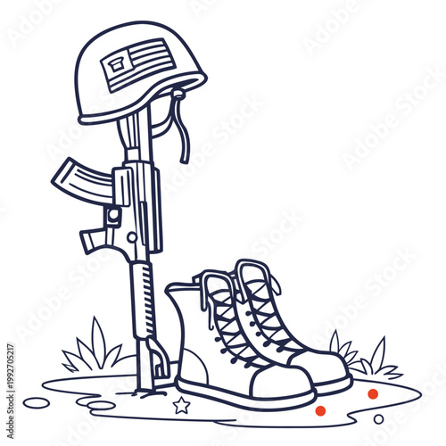 Minimal Monoline Soldier Memorial Vector Illustration with Helmet Boots and Rifle Remembrance Icon