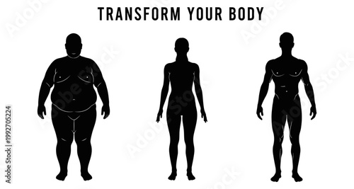 Silhouette of a person transforming from overweight to fit against a white background