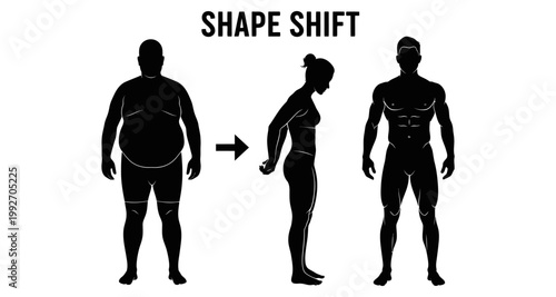 Silhouette figures showing a transformation from overweight to muscular physique with an arrow indicating progress