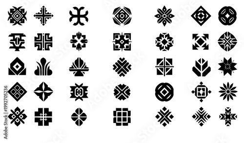 Folk art symbol set primitive shapes tribal decorative icons vector isolated on white background