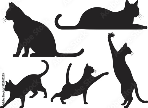 Cat silhouettes set in various poses, playful feline vector illustration collection