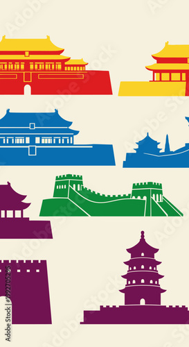 Colorful Chinese Landmarks Silhouette Collection: Great Wall, Forbidden City, Pagoda