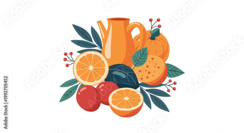 Fresh oranges and pitcher still life.