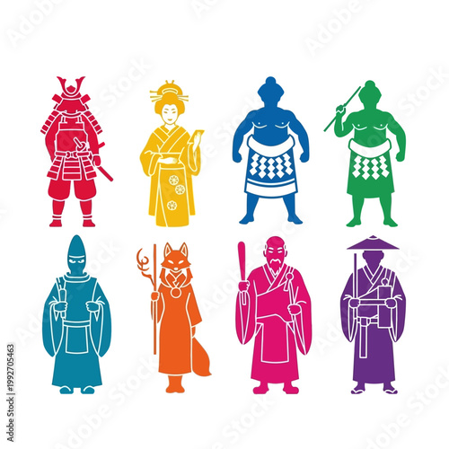 Colorful Japanese Cultural Icons: Samurai, Geisha, Sumo, Monk, Fox Spirit