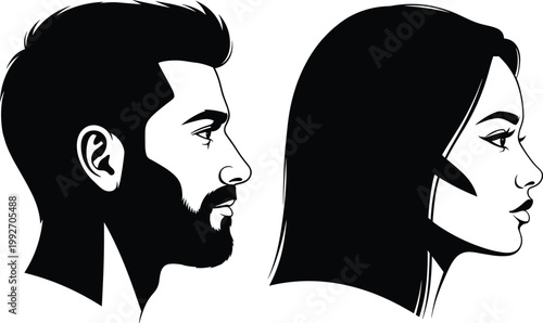 Side profile silhouettes of man and woman facing opposite directions representing contrast identity individuality relationship concept isolated on white background