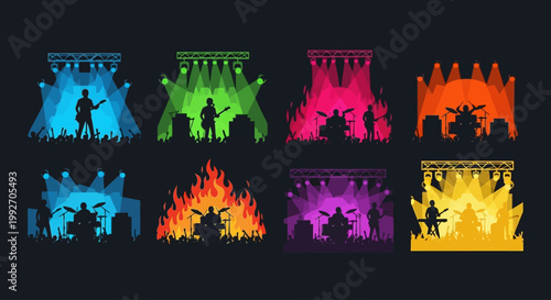 Colorful Rock Concert Silhouettes: Stage Lights, Musicians, and Crowd