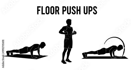 Silhouettes demonstrate floor push up exercise progression for fitness routines