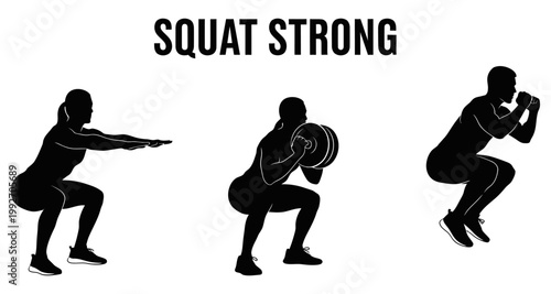 Silhouettes demonstrating different squat exercises with weights and jumping for fitness