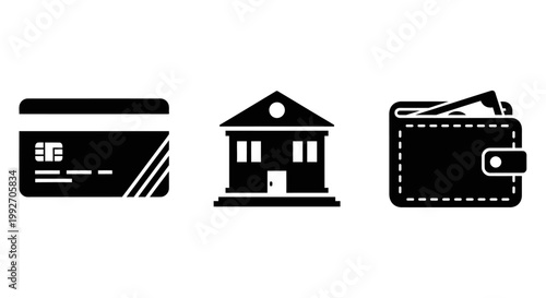 Credit Card, Bank Building, and Wallet with Cash Icons: Financial Services Concept