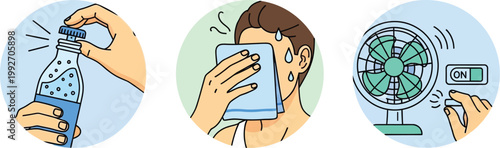 Three illustrated circular panels showing ways to cool down from heat including opening a water bottle wiping sweat and turning on a fan.