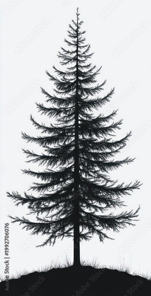 Obraz premium Solitary conifer tree silhouette with feathery branches standing on a small grassy mound against a pale sky, minimal and tranquil mood