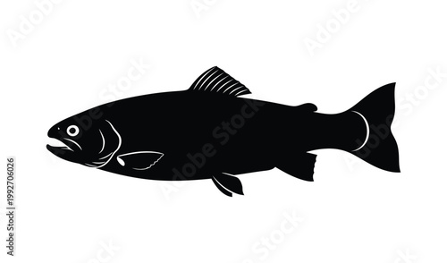 Silhouette Illustration Of A Fish Swimming Gracefully, Captured In Profile Against A White Background, Ideal For Marine Life Studies And Aquatic Themes