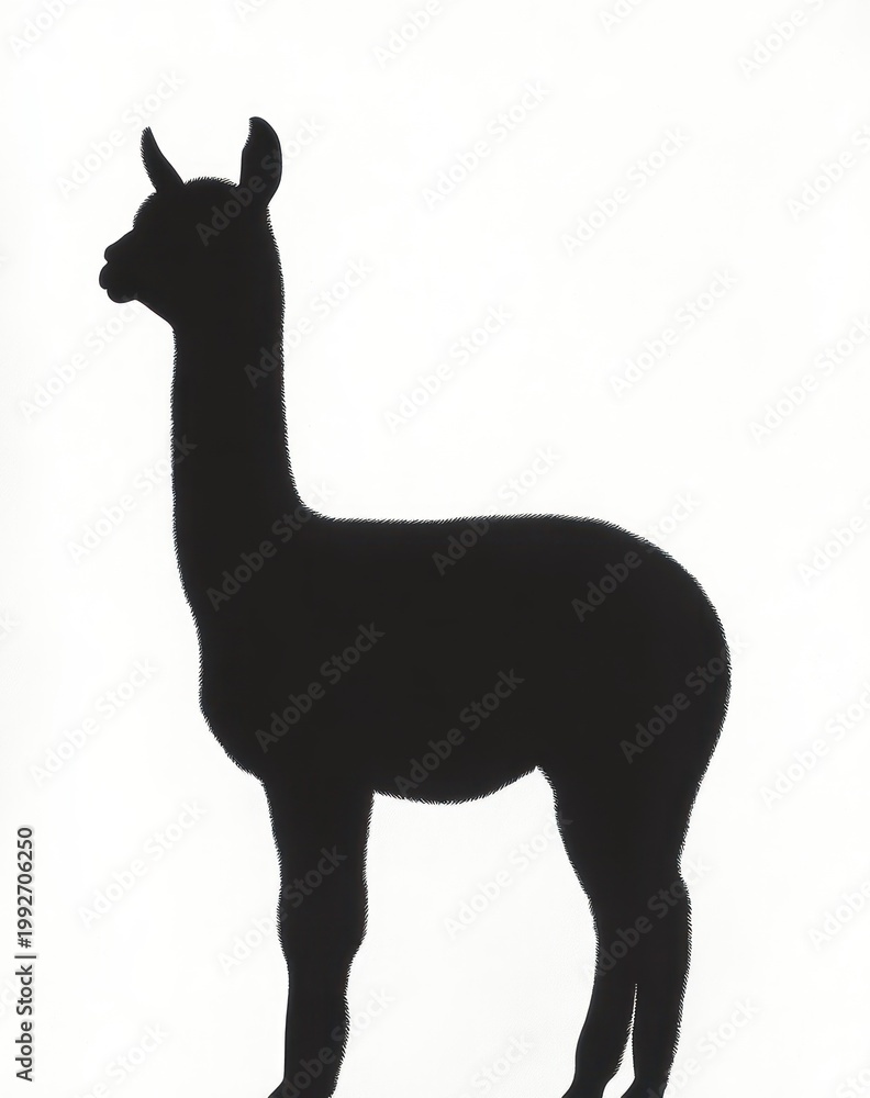 Fototapeta premium minimal high-contrast black silhouette of a calm standing alpaca in profile on a white background
