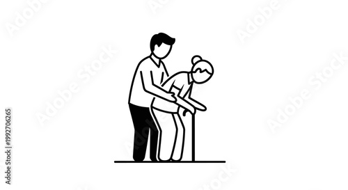 Line art illustration of a caregiver assisting an elderly woman with a walking stick, depicting support and care for seniors.