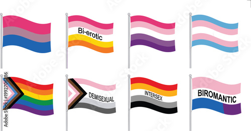 Set of LGBTQ+ Pride Flags with Bi-erotic, Bisexual, Transgender, Demisexual, Intersex, and Biromantic Symbols for Inclusive, Equality, and Social Justice Designs