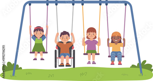 Children playing on swings, happy kids outdoor playground illustration for fun activities