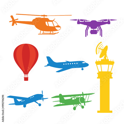 Diverse Aircraft and Aviation Icons: Helicopter, Drone, Airplane, Hot Air Balloon, Biplane, Control Tower